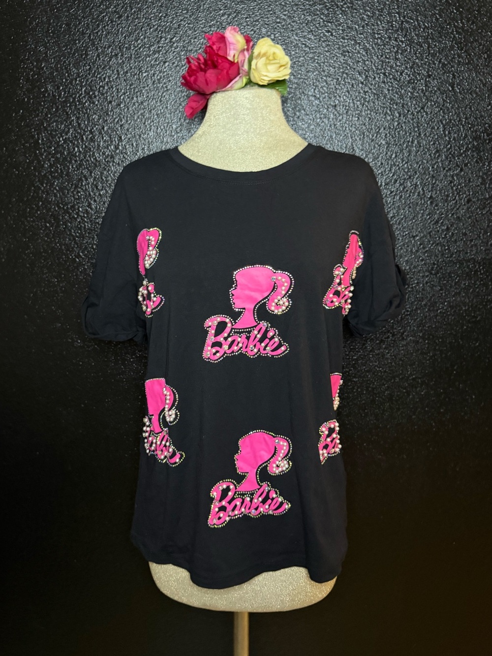 Barbie Black Tee with Hot Pink Logo Prints